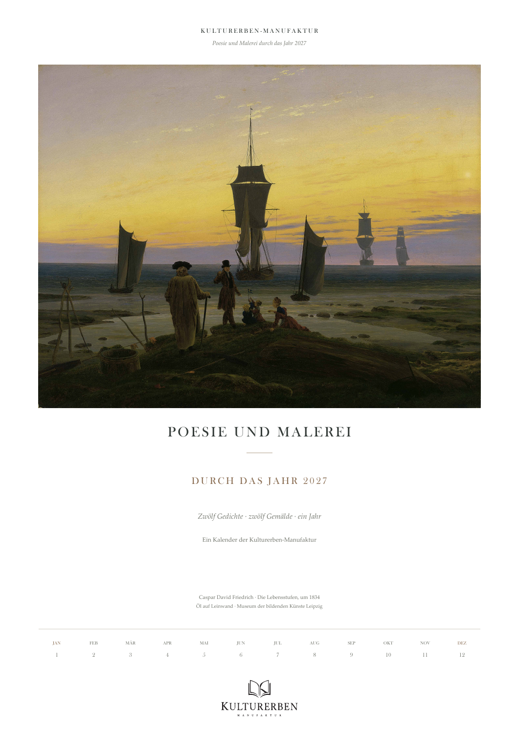 Titelblatt des A3-Wandkalenders Poesie und Malerei durch das Jahr 2027 mit Die Lebensstufen von Caspar David Friedrich