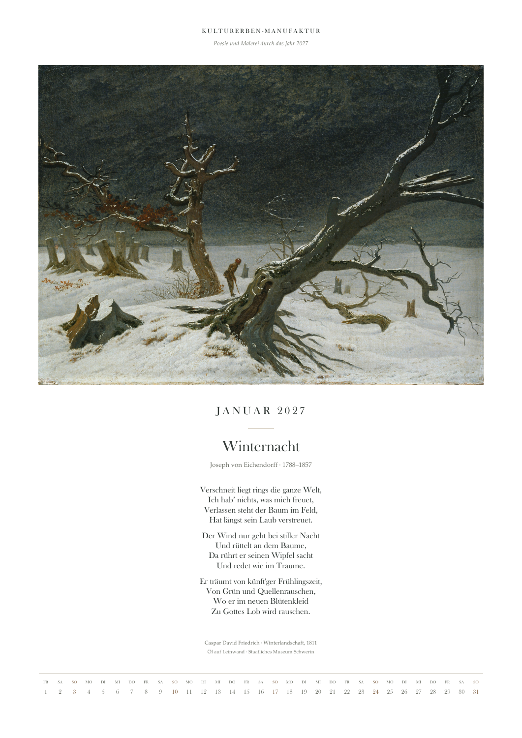 Januarblatt 2027 mit Winterlandschaft von Caspar David Friedrich und Winternacht von Joseph von Eichendorff
